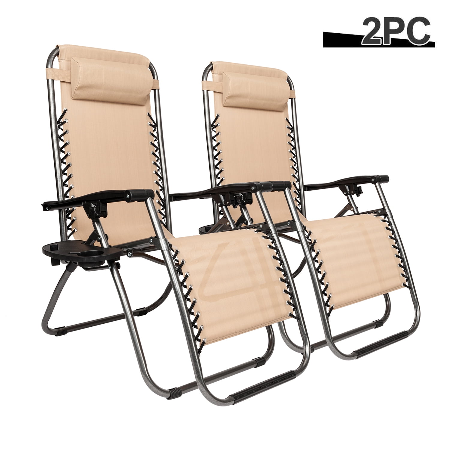 Light Grey Set of 2 Zero Gravity Outdoor Lounge Chairs w/Sunshade Snack Tray Cup Holder with Mobile Device Slot Adjustable Folding Patio Reclining Chairs W/Canopy 