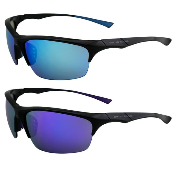 Optic Edge Shakedown Sports & Motorcycle Sunglasses 2 Pairs Wraparound Black Semi-Rimless Frames w/Dielectric Blue & Purple Mirror Lenses