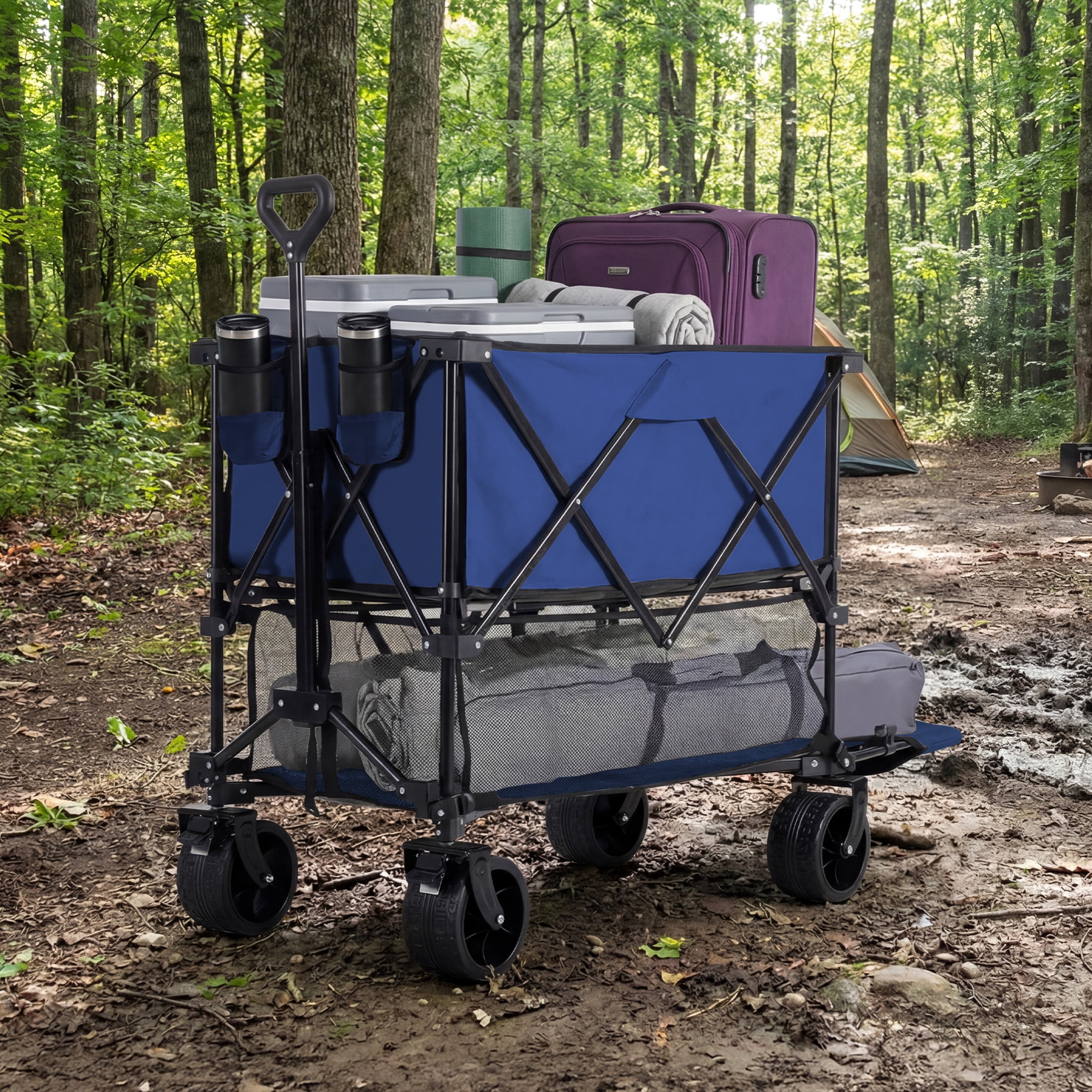 edx Large Capacity Folding Double Decker Wagon with Brakes, 54" Extra Long Extended Wagon, Equipped with 7" All-Terrain Big Wheels for Camping, Sports, Beach