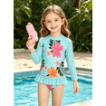 thumbnail image 3 of Girls 2-Piece Swimsuit Set Long Sleeve Rash Guard UPF 50+ Ruffle Bottom Summer Beach Bathing Suit Sizes 1-8Y, 3 of 8