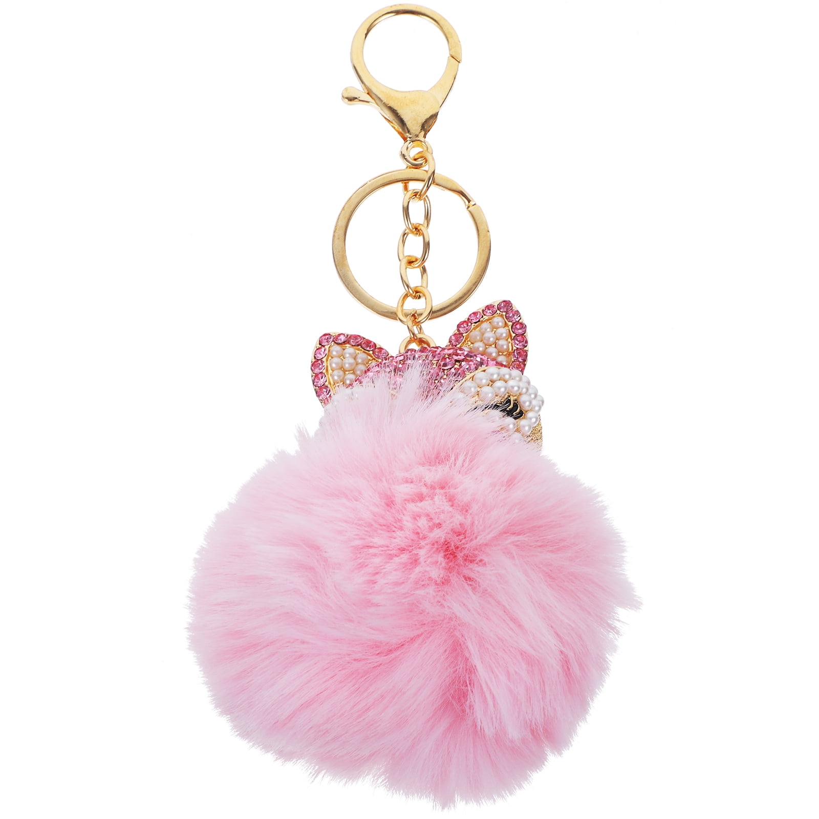 Fluffy Ball Keychain with Pearls Rhinestones Inlay Key Chain for Womens