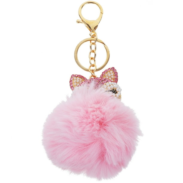 EeaseMX Llavero de bola mullida con perlas incrustaciones de cadena de llavero para el bolso de las mujeres / teléfono móvil / colgante del coche (rosa)