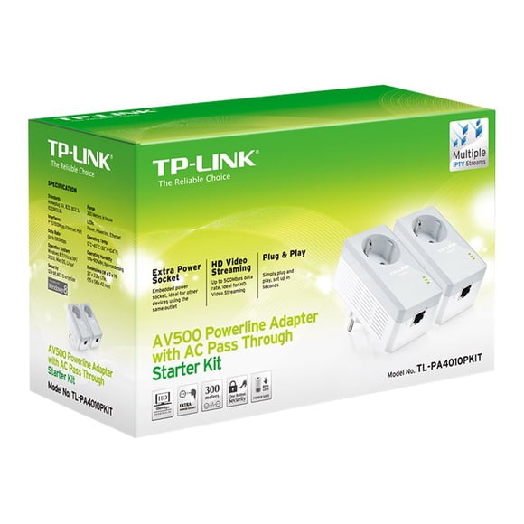 TP-Link TL-PA4010PKIT AV500+ Powerline Kit with AC Pass Through - Powerline adapter kit HomePlug AV (HPAV) - wall-pluggable (pack of 2)