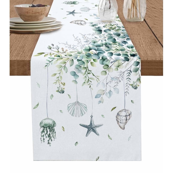 Ldtrchee Green Coastal Table Runner 72 Inches, Summer Eucalyptus Leaves Beach Ocean Starfish Conch Bed Runner Dresser Scarves Tabletop for Indoor Outdoor Parties/Ceremony/Banquet, 14" x 72"
