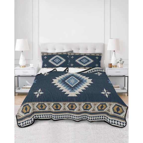 Quilts King Size, Blue Brown Boho Soft Comforter Bedding Set for Bed, Country Southwest Tribal Abstract Motifs Lightweight Quilted Bedspread with Pillow Cover(2 Pieces) for All Season, 96x106 Inch