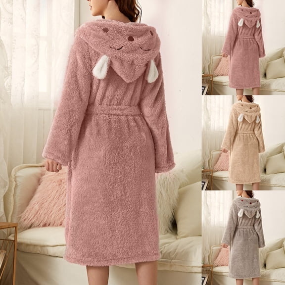 Womens Double Pocket Hooded Flannel Robe Soft Warm Reversible Lounge Wear Home Bathrobe