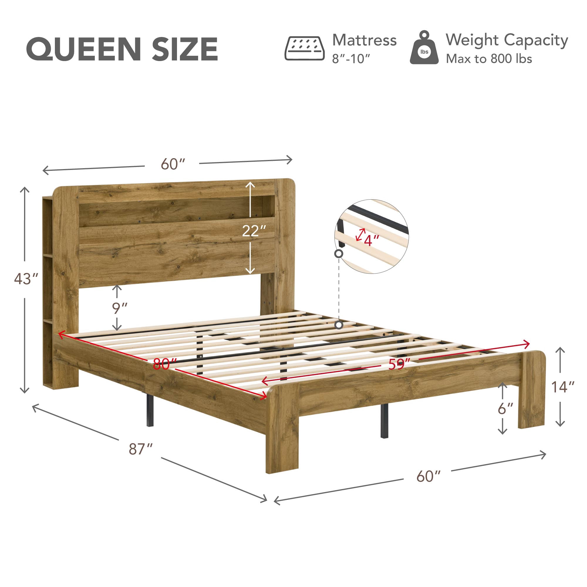 Spruce & Spring Modern Wood Queen Bed Frame with LED Lights, Storage Headboard & Charging Station, Noise-Free, No Box Spring Required, Easy Assembly, Nature