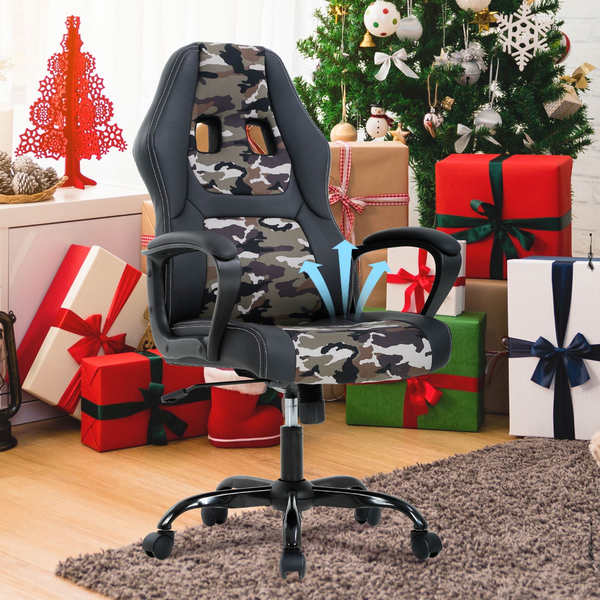 YRLLENSDAN Camo Adults PU Leather Gaming Chair with Mute Pulley, Black/Blue/Camo/Red/White