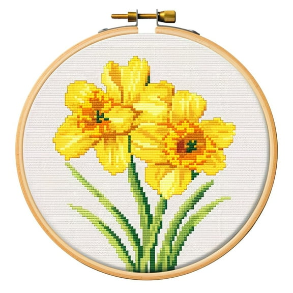 Generic Cartoon Simple Daffodils Flower DIY 11CT Stamped Cross Stitch Kits Easy for Beginners Children with Hoop Needlepoint Counted Embroidery Kits Art Craft Wall Decoration 12x12inch(2)