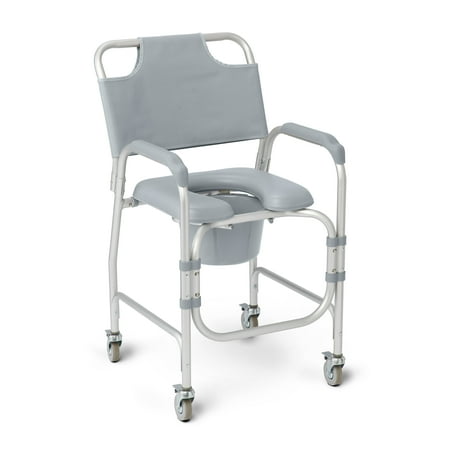 Medline Aluminum Padded Shower Chair Commode with 4 Locking Casters For Bathrooms & Wheelchair Transfers Supports up to 300 lbs.