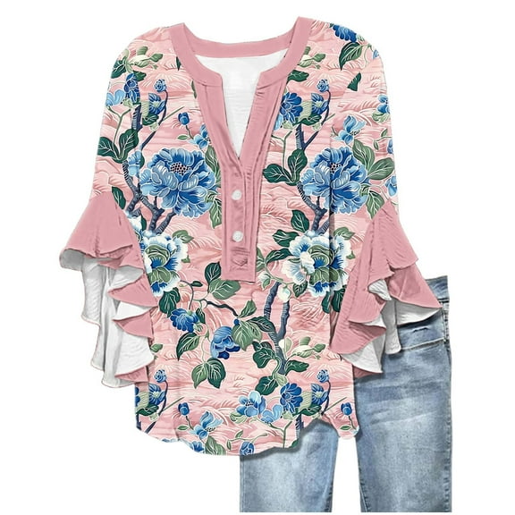 LiMoi Womens Fall Blouses Dressy Casual Women's Tops Fall V Neck Three Quarter Sleeve Tops Women's Blouses New Arrivals Gifts