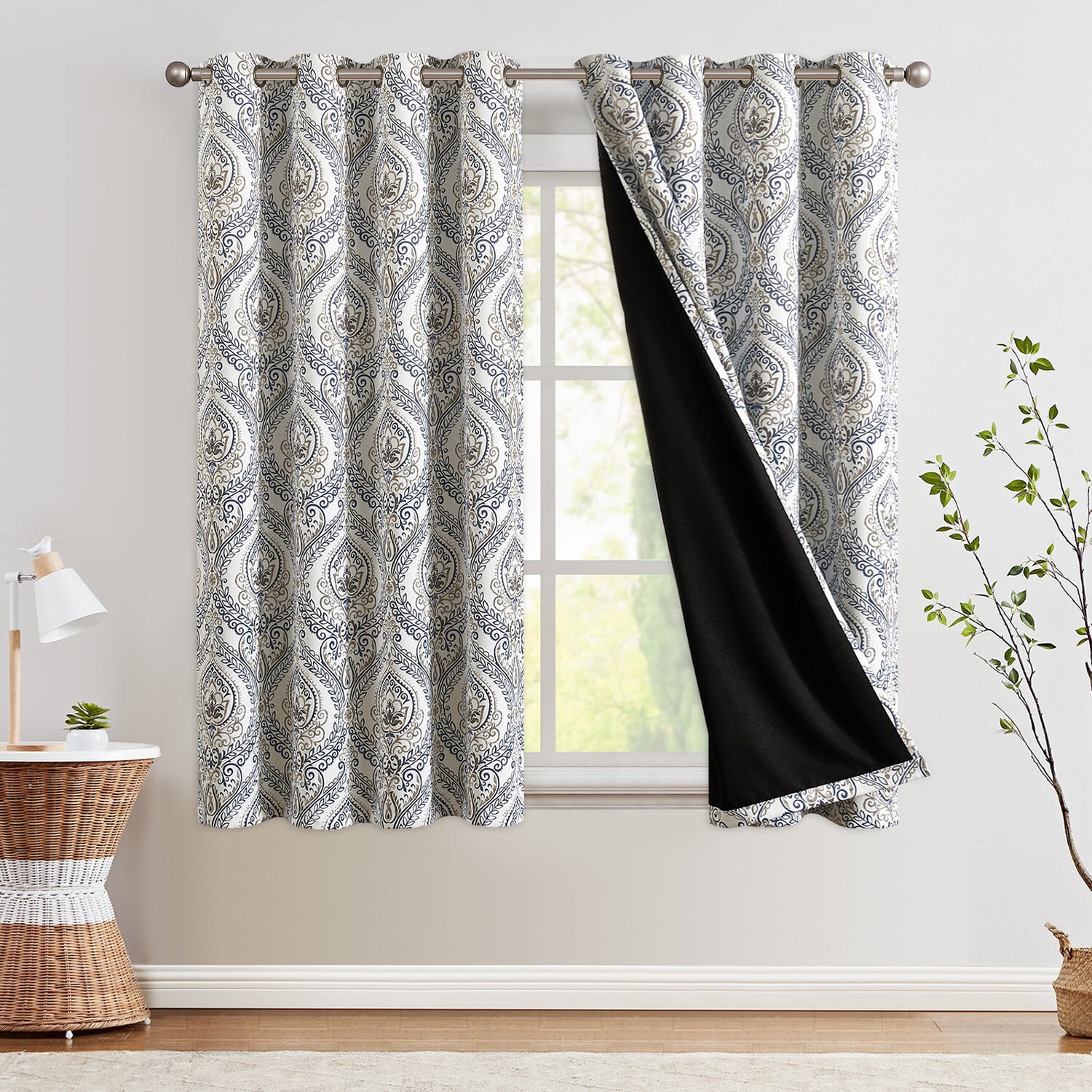 Curtainking 100% Blackout Curtains 63 in 2 Panels Blue Damask Medallion Window Curtains for Bedroom Grommet Thermal Insulated Drapes for Living Room Vintage Luxury Window Treatments Set