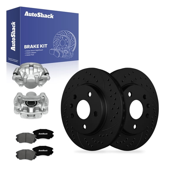 AutoShack Front Vented Drilled & Slotted E-Coated Brake Rotors Black Finish   Premium Ceramic Pads   Calipers 8-PC Brake Kit Replacement for 2015-2016 Buick LaCrosse NightGuard 11.65" (296 mm)
