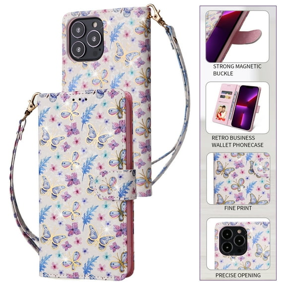 Wallet Case for iPhone 13 Pro with RFID Blocking Credit Card Slots Holder, Cute Patterned Gold Brushing Magnetic Flip Kickstand Wrist Strap Cover For iPhone 13 Pro, Butterfly Flower
