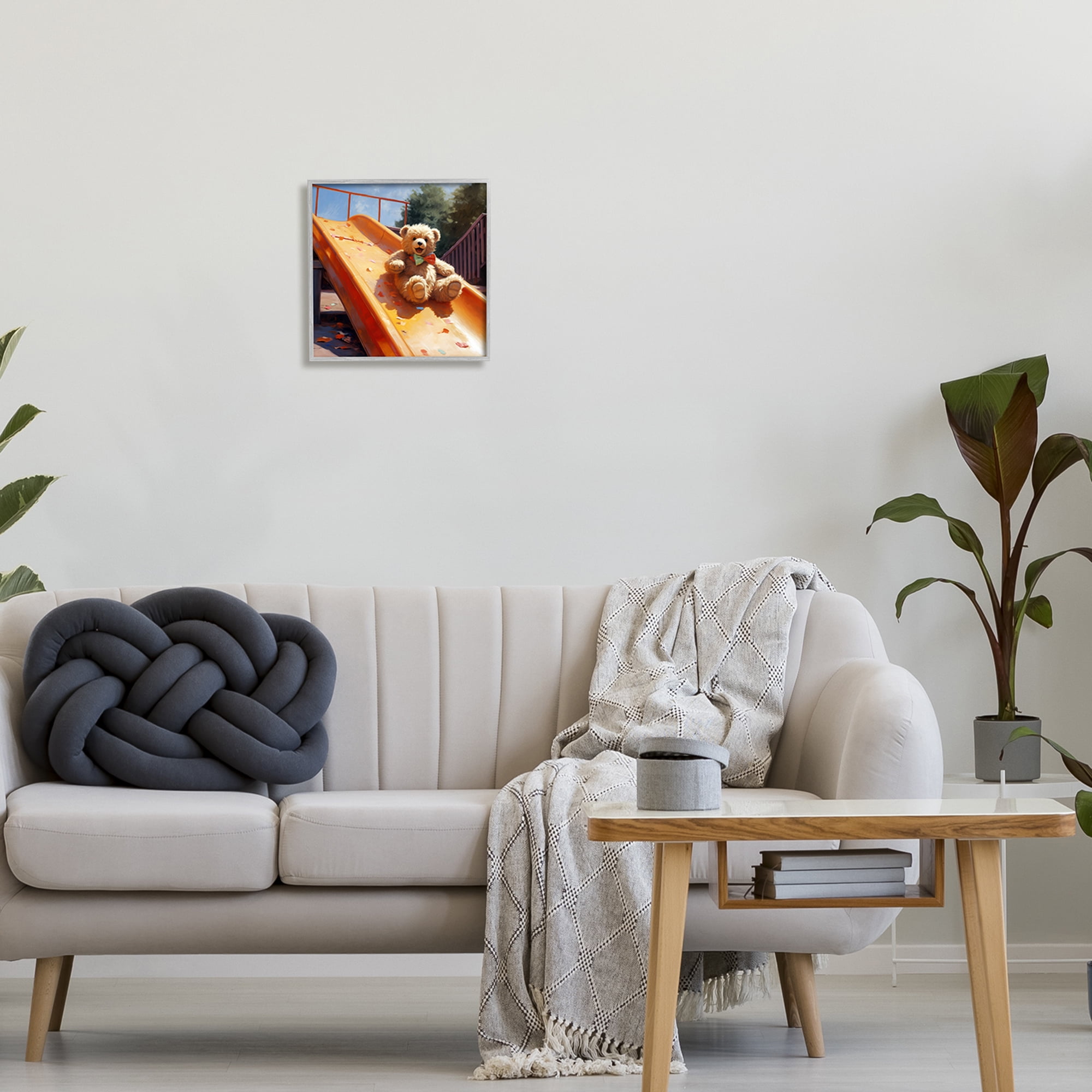 Stupell Industries Teddy Bear on Slide Animals & Insects Painting Gray Framed Art Print Wall Art, 12 x 12