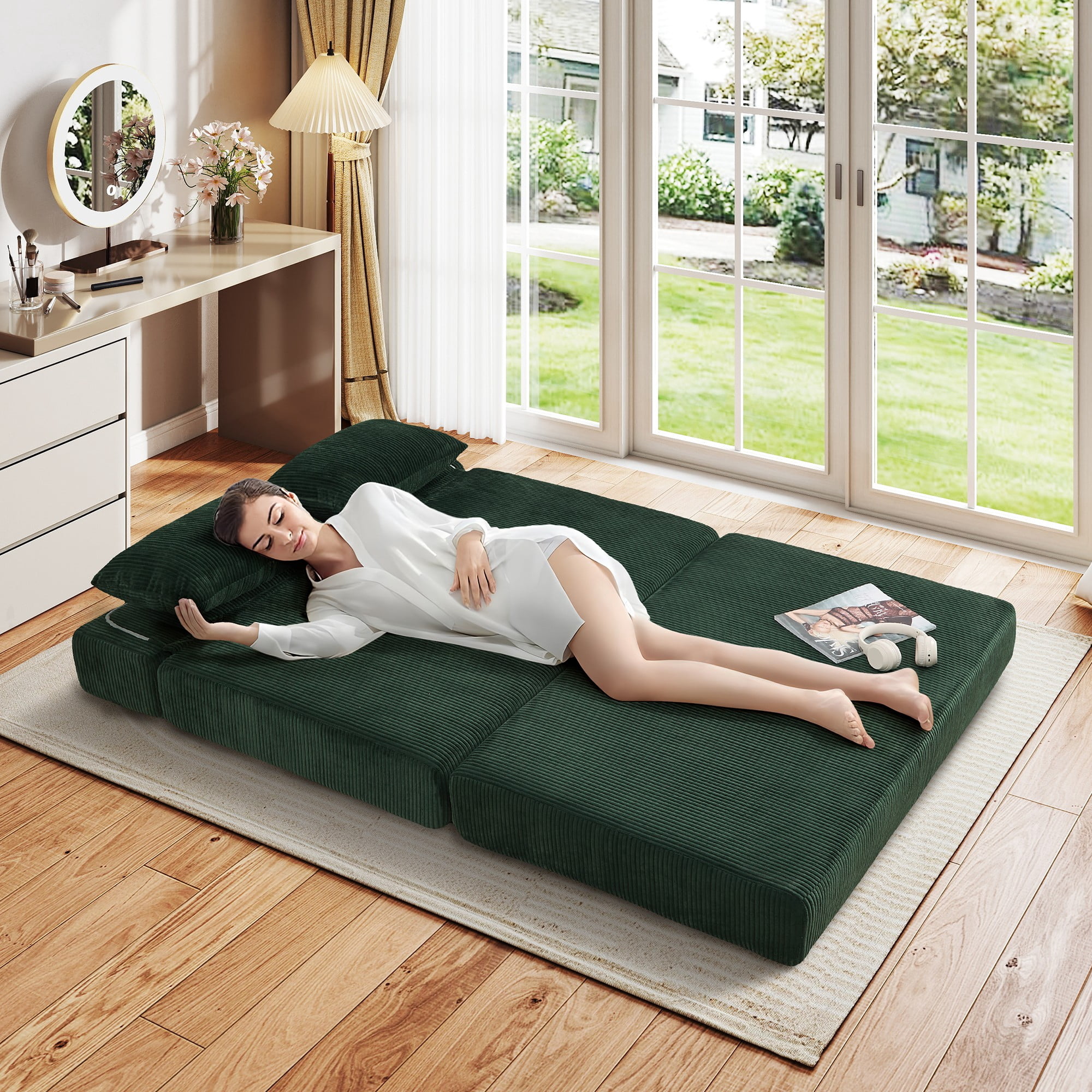 Aukfa Full Size Folding Sofa Bed, Loveseat Sleeper, Corduroy Convertible Floor Couch Mattress for Living Room, Dorm, Guest Room, Green