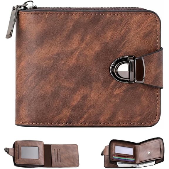 Men's Compact Short Wallet - Vintage PU Leather Card Holder with Zipper and Multiple Slots