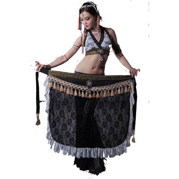 ZLTdream Women's Tribal Lace Belly Dance Bra Top and Tassel Hip Scarf 2pcs/set White