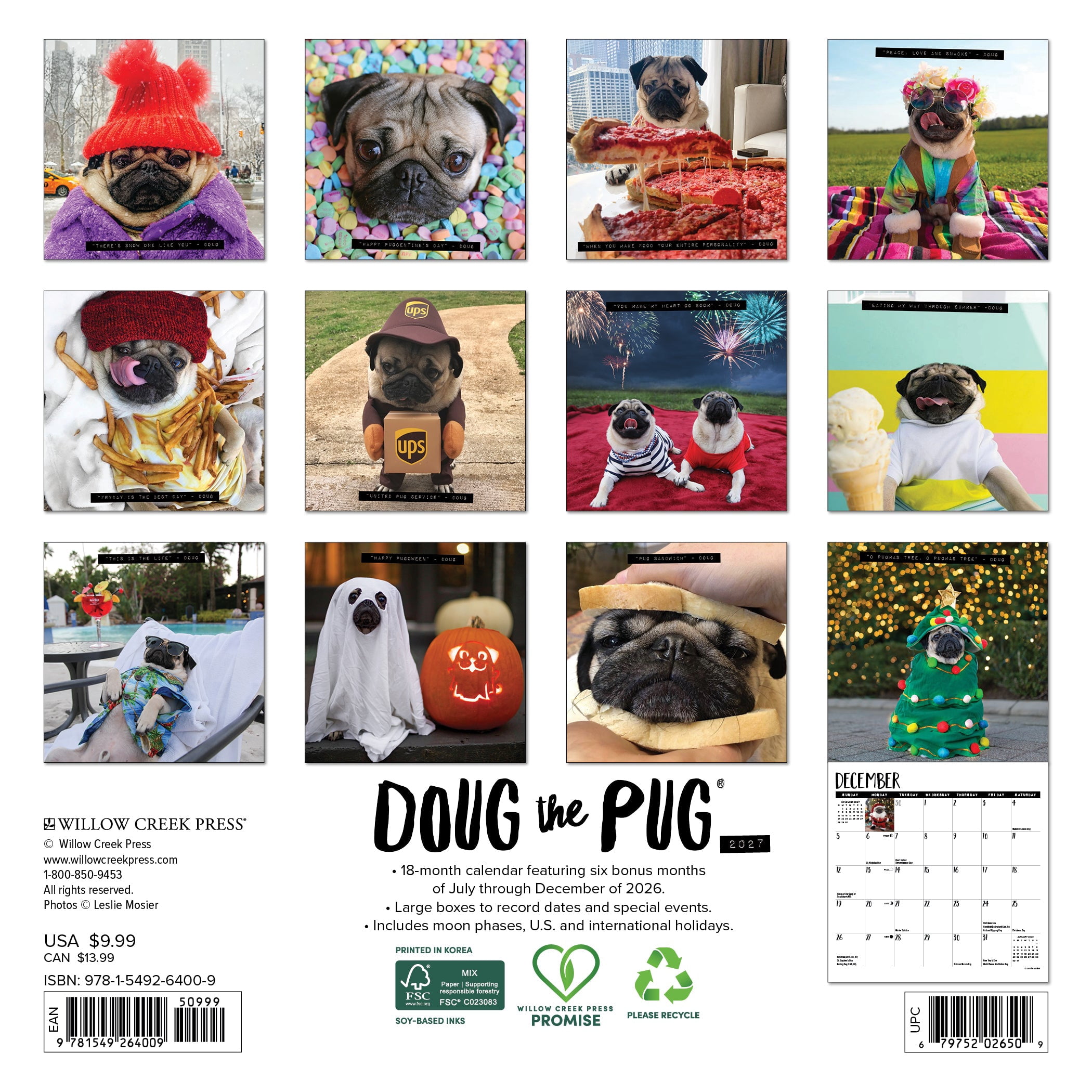 Willow Creek Press, Doug the Pug 2027 Mini Wall Calendar
