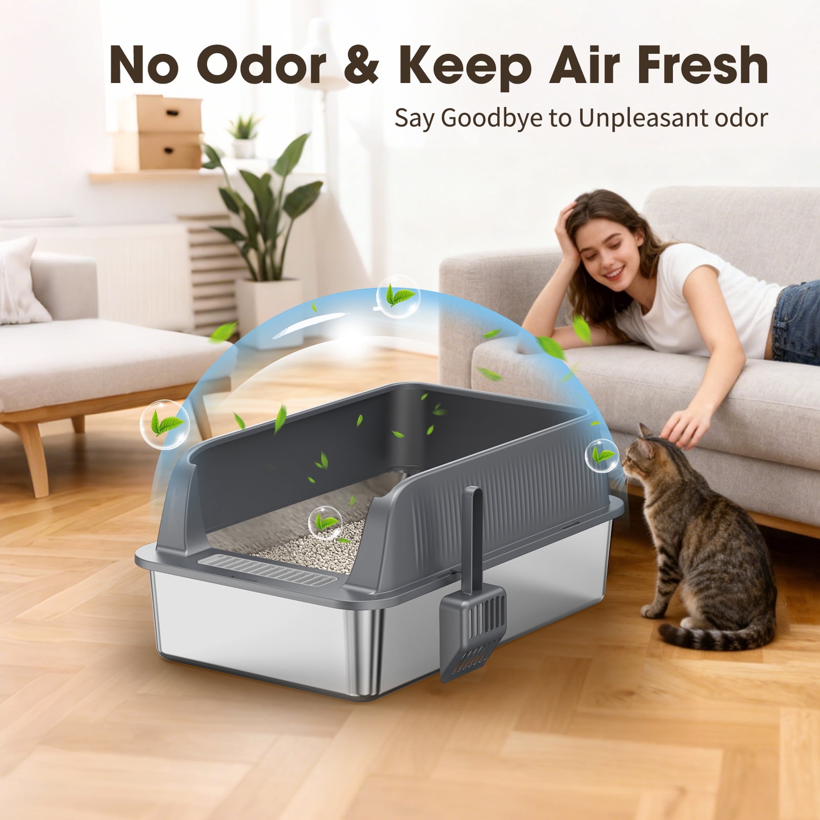 Stainless Steel Cat Litter Box with Lid, XL Enclosed Metal LitterBox for Big Cats, 23 x 15 x 10.2 Inch High Sided Litter Pan, Anti-Tracking Pedal, Non-Stick, Easy Clean, Scoop Included