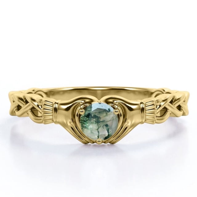 JeenMata Anillo de Compromiso Trenzado con Solitario Claddagh Ágata Verde Musgo Druzy Transparente de Talla Brillante Redonda de 1 Quilate; Baño de Oro Amarillo de 18 K sobre Plata