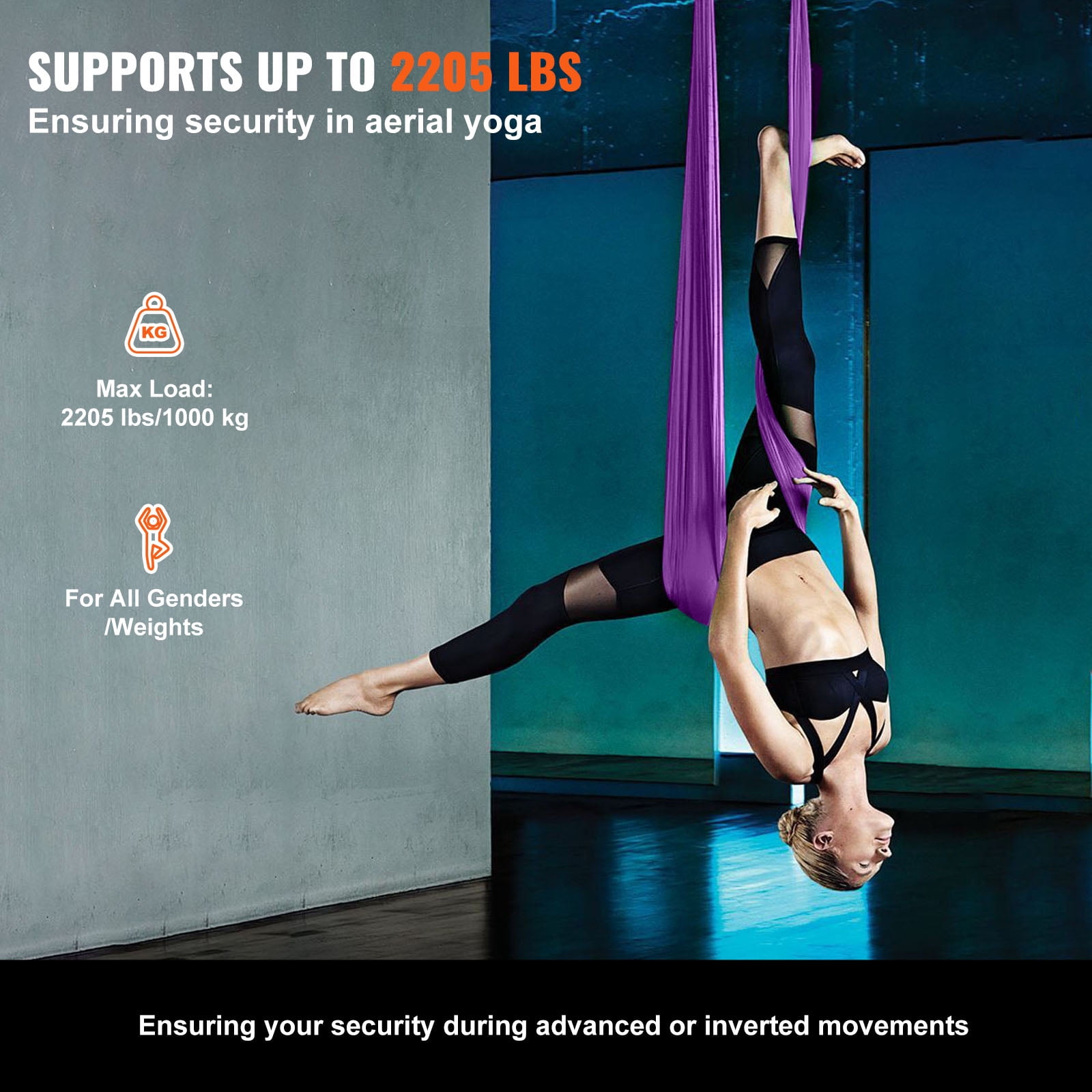 KFFKFF Aerial Silk & Yoga Swing, Aerial Yoga Hammock Kit, Nylon, 9×3.06 yards, Purple