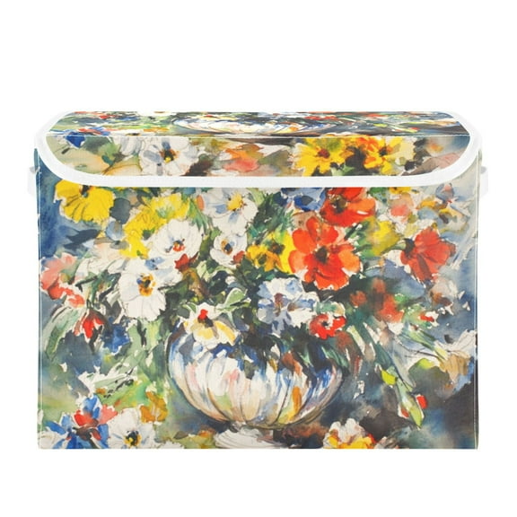 Watercolor Pretty Flowers Large Storage Bins with Linen Collapsible Lid Storage Box 16.7 x 12.6 x 11.8in