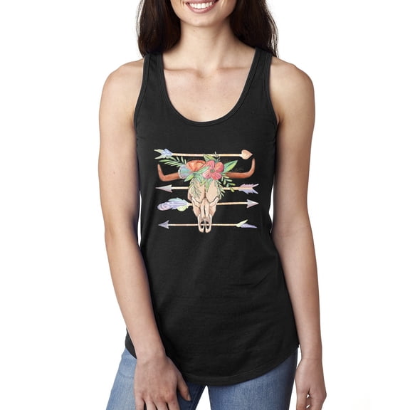 Trippy Long Horn Cow Skull Fashion Ladies Racerback Tank Top, Black, Small