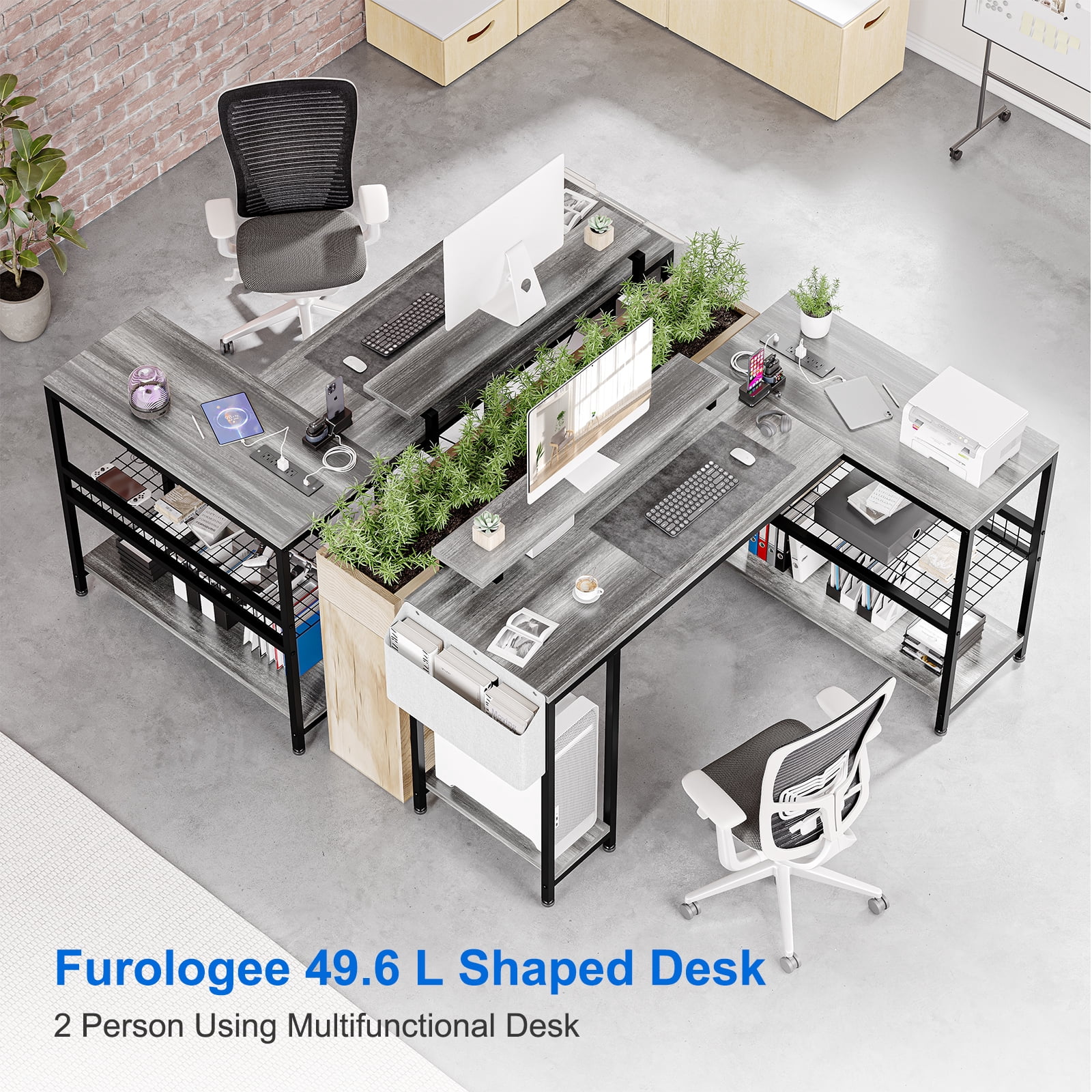 L Shaped Desk, Computer Gaming Desk with Power Outlet & Led Light, Reversible Corner Desk with Monitor Stand & Storage Shelves, Storage Bag for Home Office
