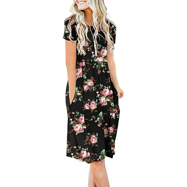 JuneFish Women's Summer Casual Short Sleeve Dresses Empire Waist Dress with Pockets