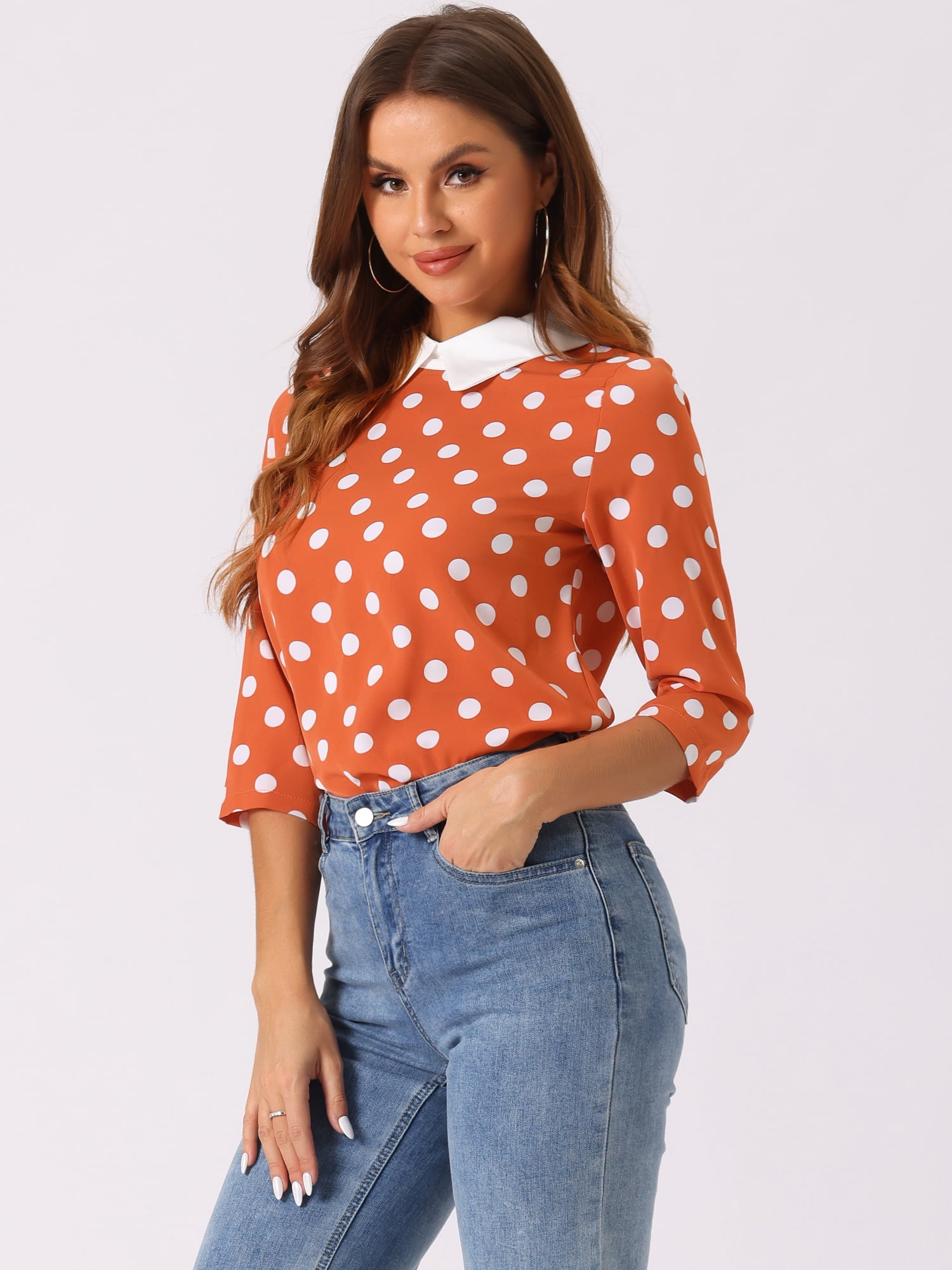 DARING DIVA Blouses 3/4 Sleeves Solid Office Work Tops S Orange
