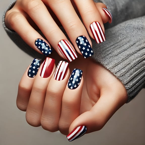 RAGUPEL 4th of July Press On Nails Short Square, Red Blue Fireworks Chrome False Nails, Patriotic French Tip Acrylic Stick On Nails Kit, 24 Pcs