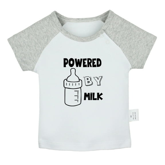 Powered By Milk Funny T shirt For Baby, Newborn Babies T-shirts, Infant Tops, 0-24M Kids Graphic Tees Clothing (Short Gray Raglan T-shirt, 18-24 Months)