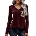 thumbnail image 1 of Camisa con cuello en V Otoño Invierno Leopardo Impreso Empalme Bolsillo en el pecho Manga larga Casual Mujer Top para diario Rojo XXL, 1 of 6