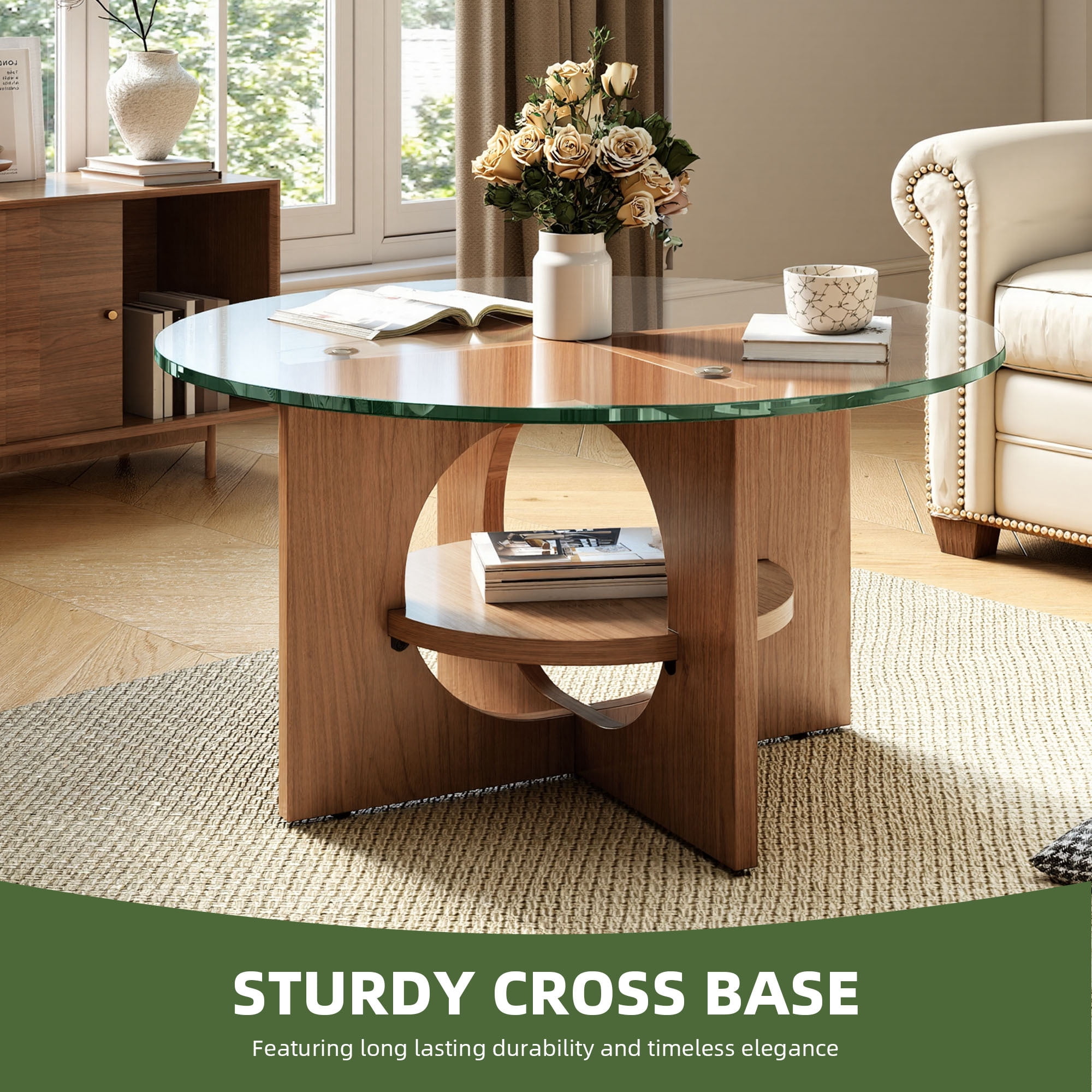 Uforic Round Coffee Table, 2-Tier Tempered Glass Coffee Table with Storage Shelf, Modern Multi-Purpose Center Cocktail Table for Living Room, Office, Walnut Finish