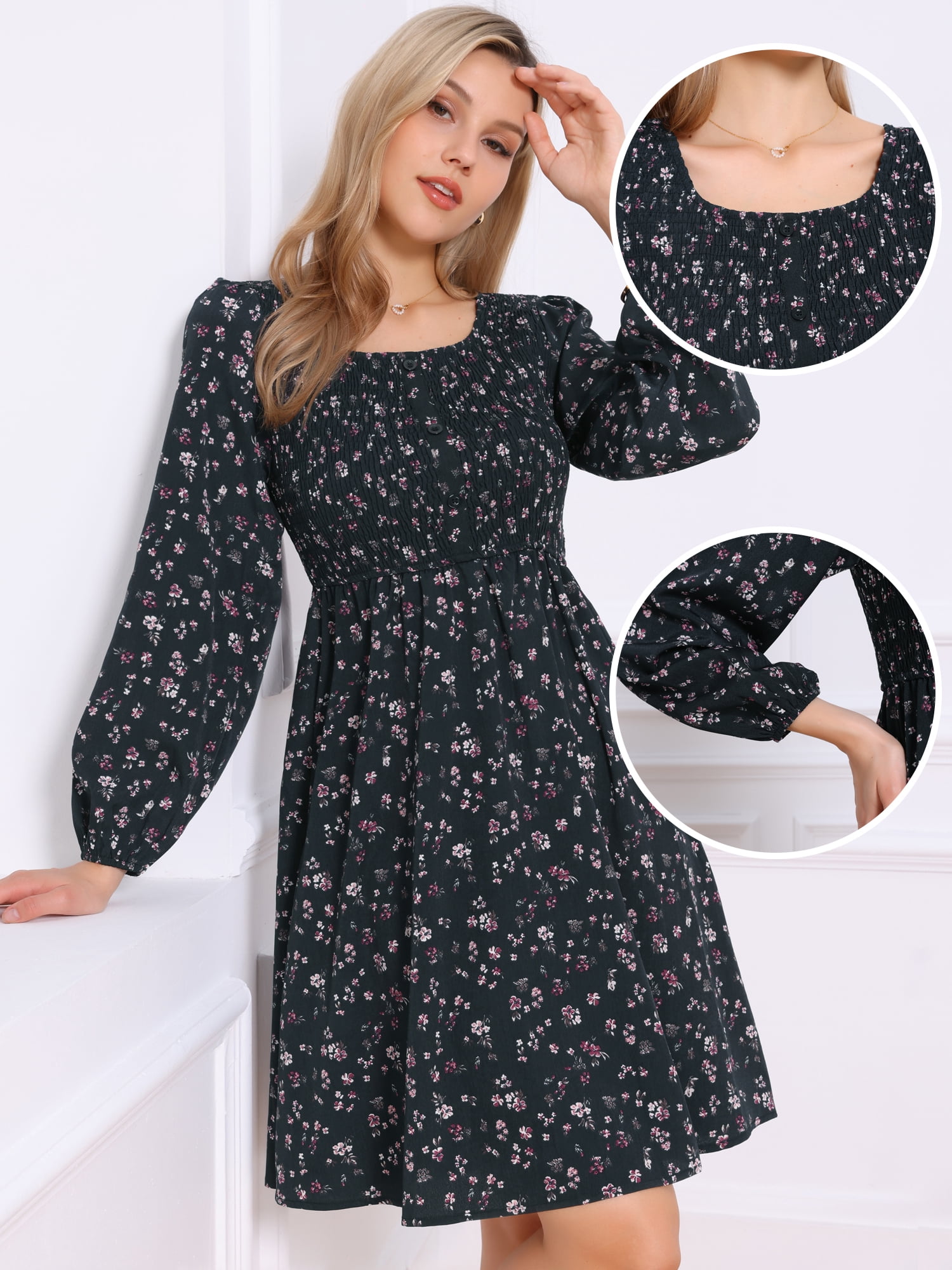 DARING DIVA Floral Smocked Long Sleeve A-Line Flowy Midi Fall Dress S Dark Blue