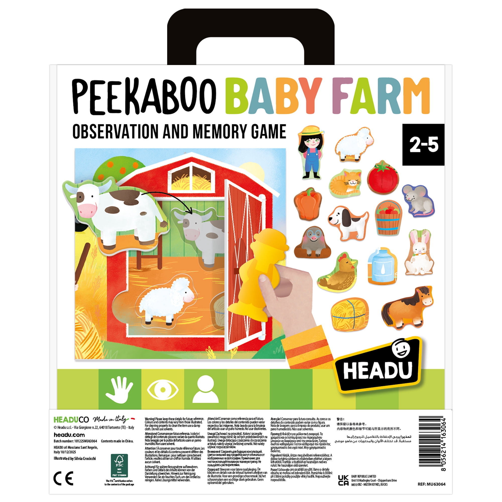 Headu: Peekaboo Baby Farm - Observation & Memory Game, Animal Tile Shape Matching, Open-Close Scene Panels, Manual Lock & Key Activity, Toddlers 2-5