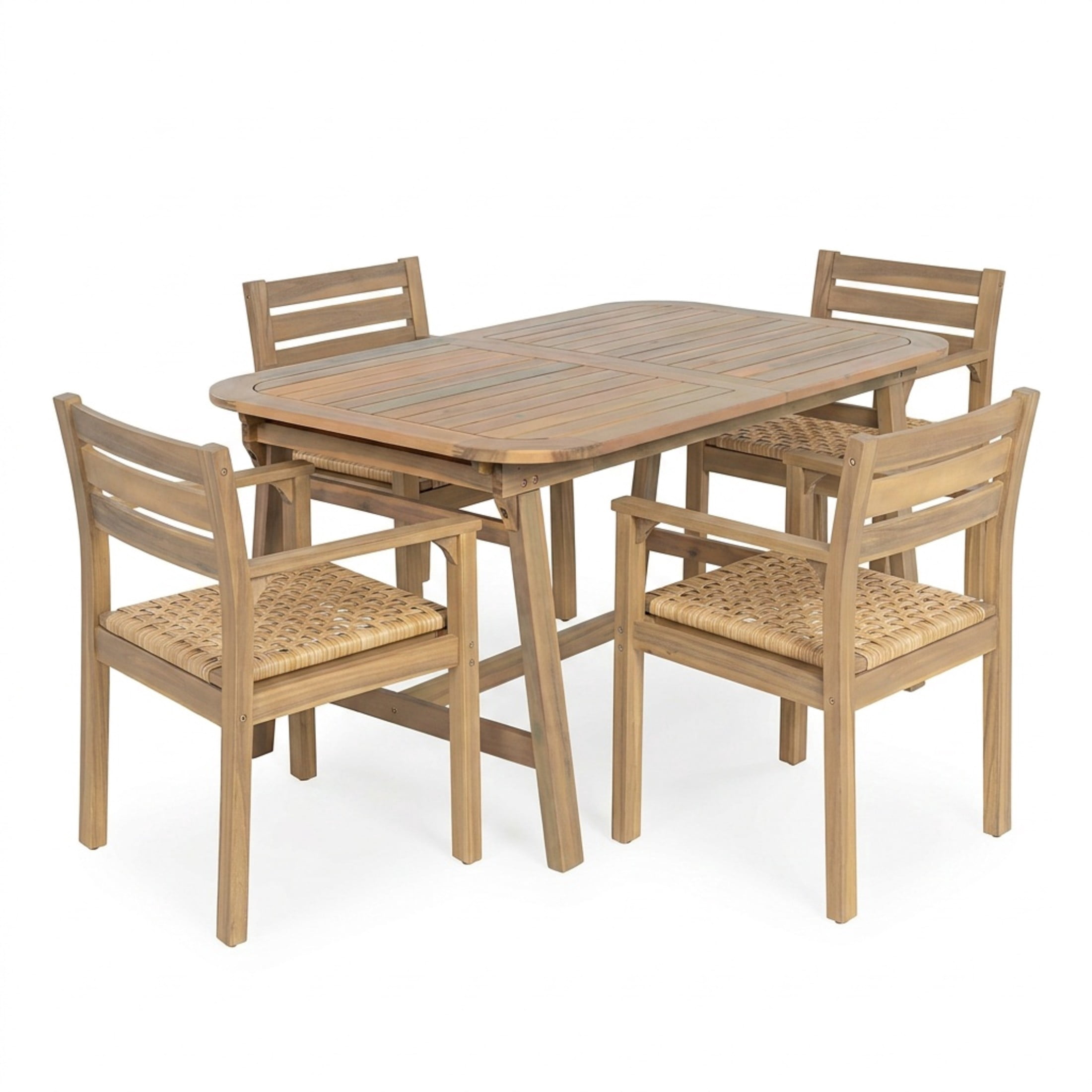 Christopher Knight Home 5-Piece Extendable Wood Patio Dining Set with Rustic Wicker Chairs, Light Teak
