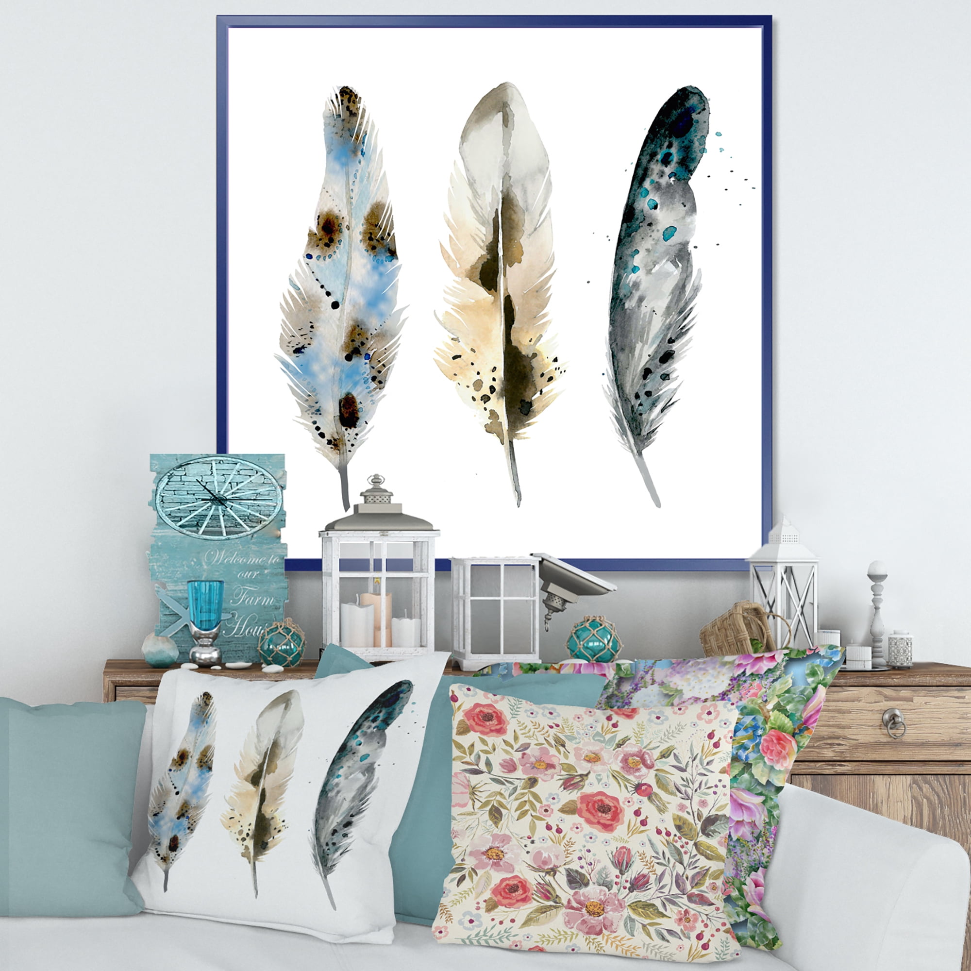 Designart 'Colourful Boho Art Feathers V' Bohemian & Eclectic Framed Canvas Wall Art Print