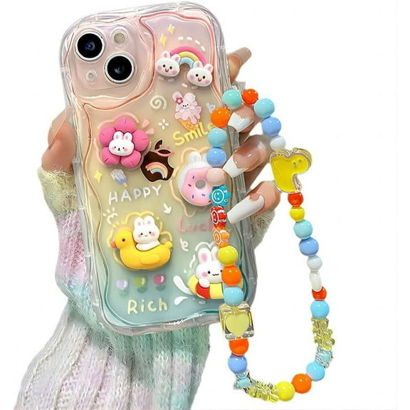 Compatible with iPhone Case,Cute Rainbow Rabbit Duck Kawaii Cartoon Animal Wristband Strap Bracelet Chain Soft Shockproof Cover Phone Case (Clear,iPhone 15)