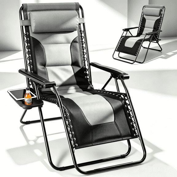 Betcozy Padded Zero Gravity Chair, Heavy Duty 450lbs Capacity Reclining Lounge Chair, Built-in Cushioned Folding Patio Chair with XL Side Tray & Adjustable Pillow for Garden, Backyard, Gray