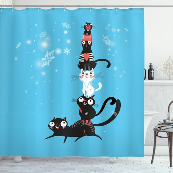 Ambesonne Cat Shower Curtain, Winter Theme Funny Kittens Art, 69"Wx70"L, Sky Blue Coral and Dark Grey
