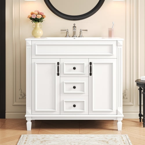 36" Sturdy Bathroom Vanity with Storage, Modern Minimalist Bathroom Vanity with Soft Close Door, Freestanding Storage Cabinet with Single Sink for Bathroom, White