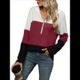 thumbnail image 2 of Suéter con Capucha y Media Cremallera para Mujer, Talla Grande, Color Block, Punto Acanalado, Cuello en V, Larga Vino Tinto L, 2 of 10