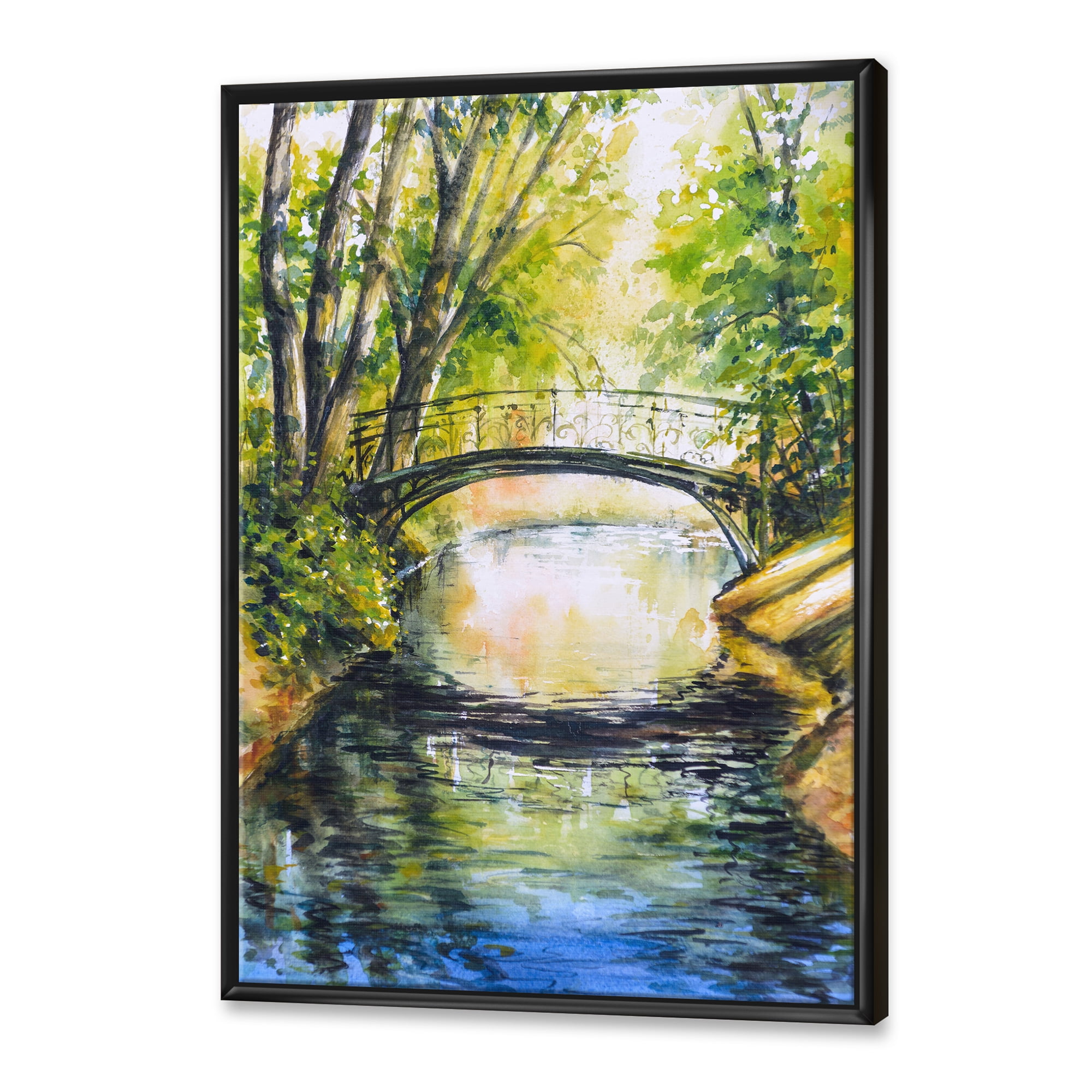 Designart 'Forest Park With Bridge Over Troubled Water' Lake House Framed Canvas Wall Art Print