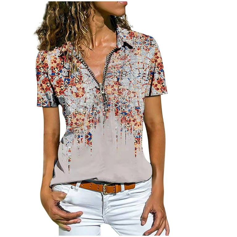SELONE Vintage Western Shirts for Women Short Sleeve Tops Blouses Regular  Fit T Shirts Pullover Tees Tops Abstract Print T-Shirts V Neck Tops Casual