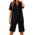 thumbnail image 2 of Mifsaly 2 Piece Short Sets for Women Summer Cotton Linen Short Sleeve V Neck Collared Shirts and Elastic Waist Shorts with Pockets Black,XXL, 2 of 8