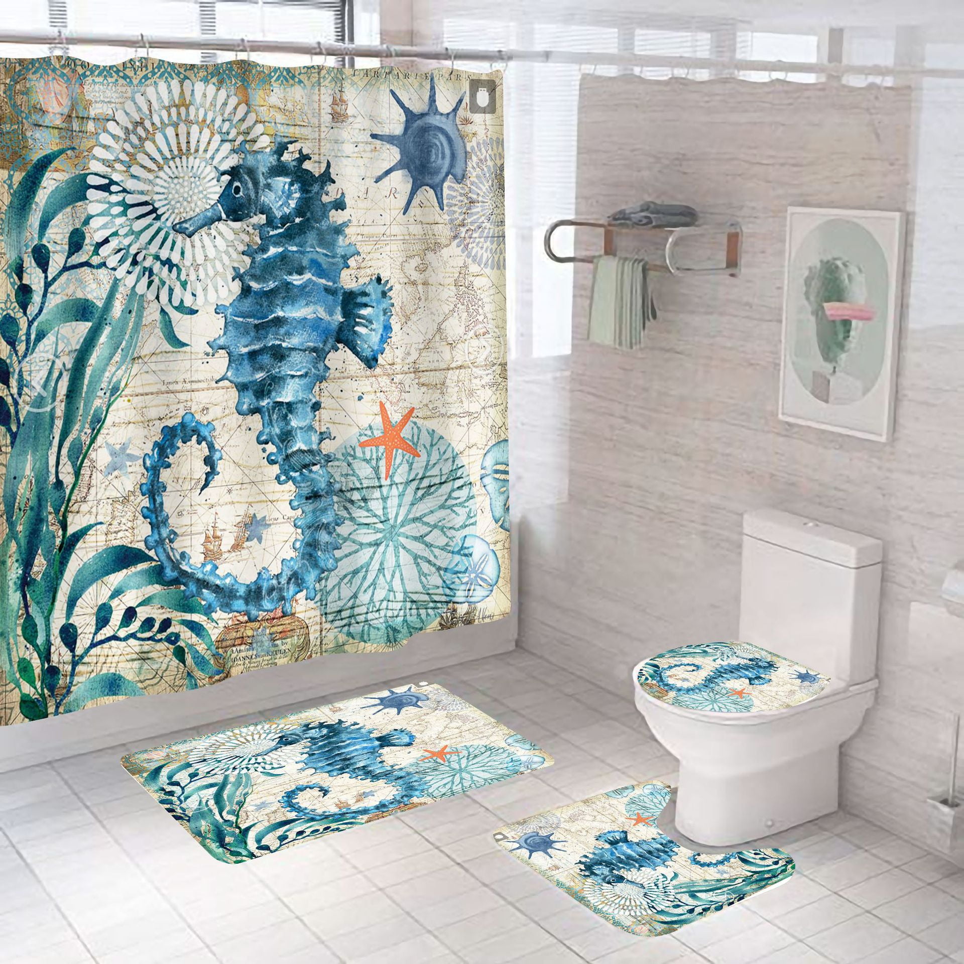 4Pcs Sea Turtles Bath Bathroom Shower Curtain Non Slip Toilet Cover Rugs Mat Set 