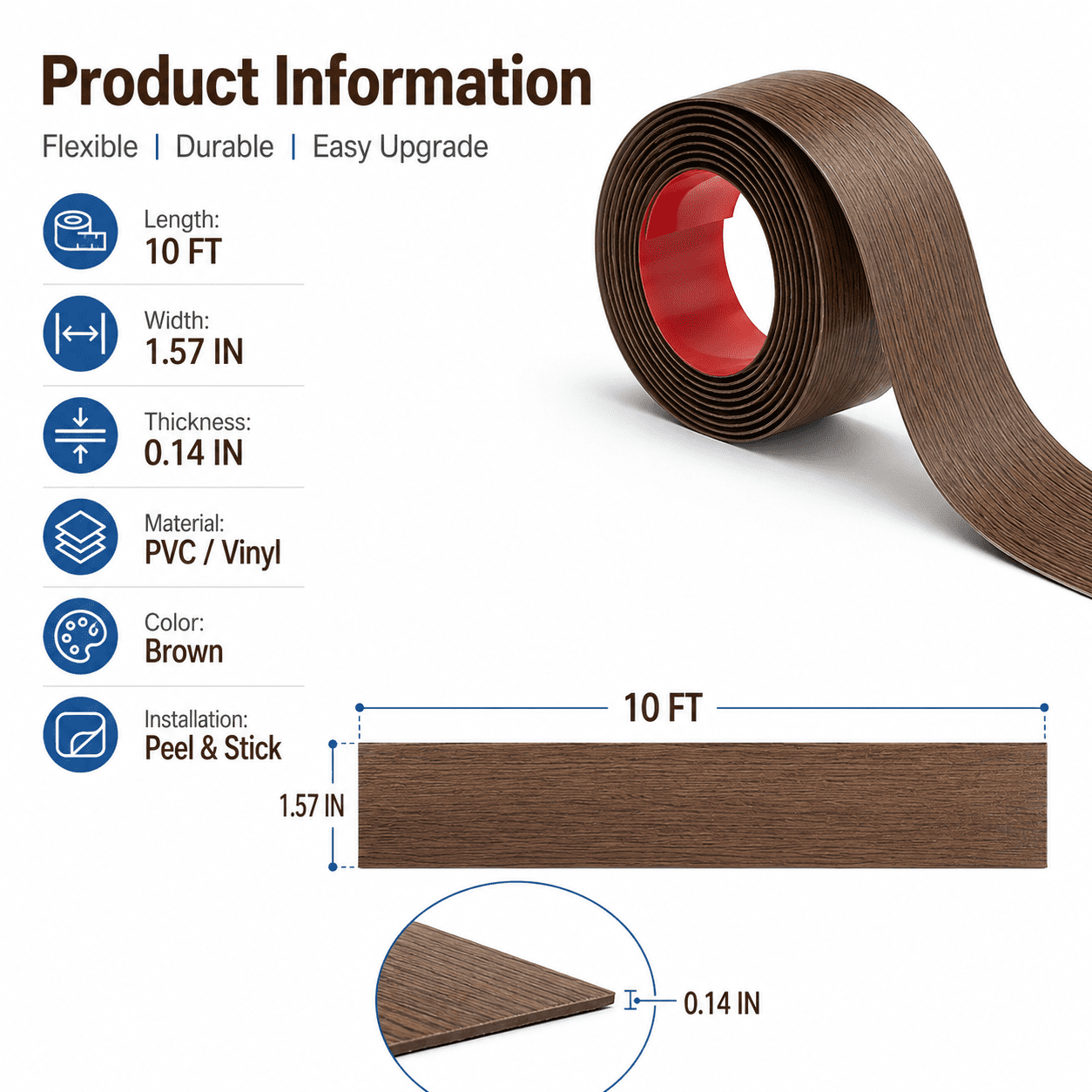 Yeslife 1 pc Self Adhesive Floor Transition Strip, 10 ft x 1.57 in, Brown Vinyl, Flexible Waterproof Gap Cover for Laminate, Tile and Carpet Flooring