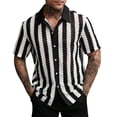 thumbnail image 4 of Yaoyar Mens Black and White Stripe Pattern Open Knit Short Sleeve Button Down Collar Shirt Ventilated Design Modern Style Short Sleeve Camp Shirt, 4 of 4